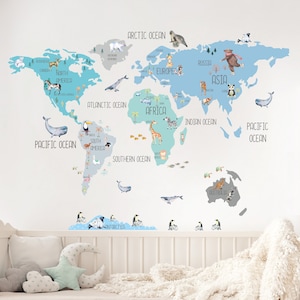 Animal World Map Wall Decal for Kids | Large Educational Nursery Map | Montessori Room Decor | Removable Vinyl Sticker | Learning Wall Art