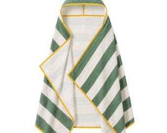 Green Striped Cotton Muslin Hooded Towel Blanket, Baby Beach Cover