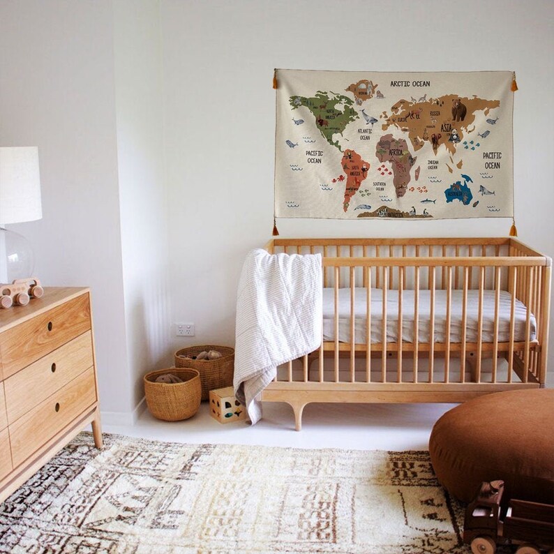 World Map Tapestry Organic Cotton Fabric Tapestry Kid Room Etsy