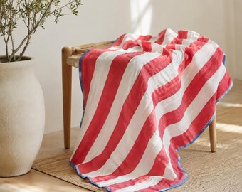 Red Striped Muslin Travel Blanket and Towel