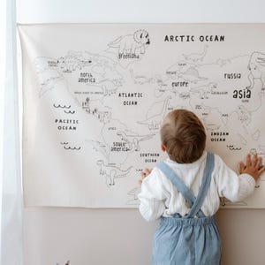 世界地図タペストリー、オーガニックコットン、布タペストリー、恐竜壁掛け、ベビールーム装飾