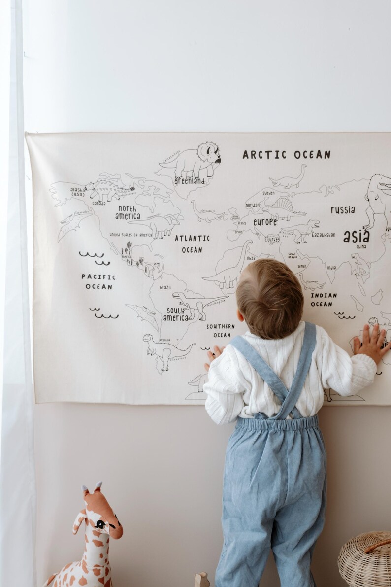 Dinosaur World Map Tapestry Montessori Kids Room Decor Organic Cotton 