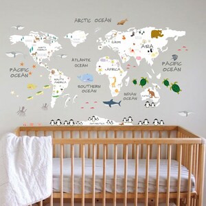 Sticker wereldkaart, verwijderbaar en herpositioneerbaar, sticker wereldkaart dieren, kinderkamer wereldkaart, kinderkamer wereldkaart, witte wereldkaart muurschildering