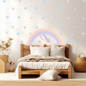 Unicorn Rainbow Wall Decal for Girls | Pastel Heart Nursery Sticker | Big Removable Wall Art | Baby Girl Room Decor | Cute Peel and Stick