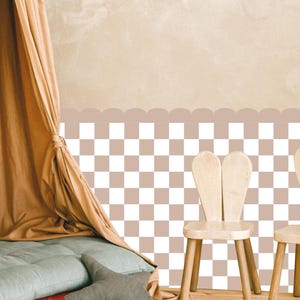 Checkerboard Half Wall Decal - Peel and Stick Removable Wallpaper Panel - Scallop Edge Nursery Decor - Boho Baby Room Wall Art
