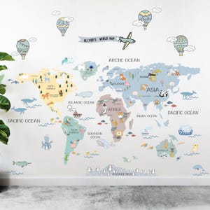 Wereldkaart kinderkamer, eerste jaar baby, wereldkaart voor kinderen, dierenwereldkaart, schattige babywereld digitale, sticker plakken, babykamer