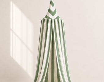 Green Striped Kids Canopy, Cotton Muslin Play Tent for Nursery and Reading Nook