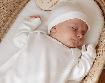 Newborn Knotted Gown and Hat Set, Pure Ribbed Cotton Baby Outfit