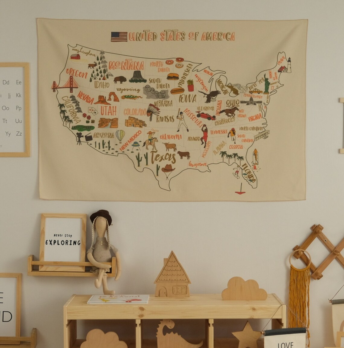 Big U.S.A Map Tapestry Organic Cotton Fabric Tapestry Kid Room - Etsy