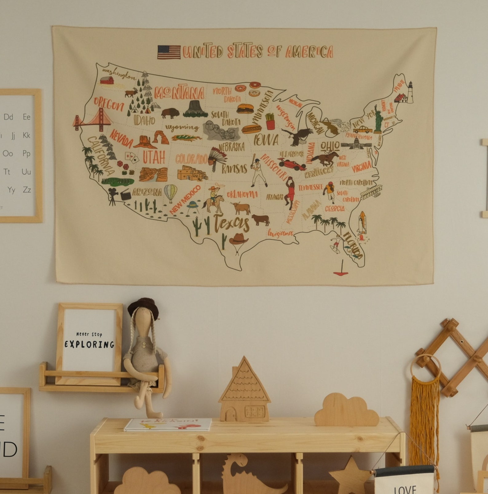 Big U.S.A Map Tapestry Organic Cotton Fabric Tapestry Kid Room - Etsy