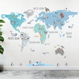 Weltkarte Aufkleber, abnehmbar und neu positionierbar, Weltkarte Aufkleber, Kinderzimmer Weltkarte, Tiere Weltkarte, Boho Kind