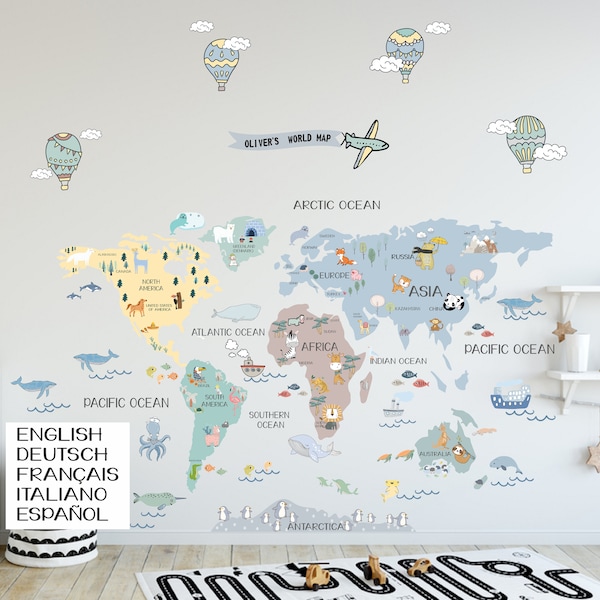 Nursery World Map, Educational World Map, World Map For Kids, World Map Murals, Animals World Map, Traveling World Map, Peel and Stick Decal