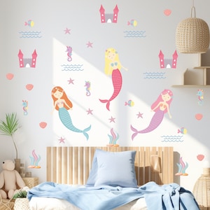Pastel Mermaid Wall Decal Set for Girls Room – Under the Sea Nursery Decor – Removable Ocean Theme Stickers – Cute Mermaid Castle Wall Art