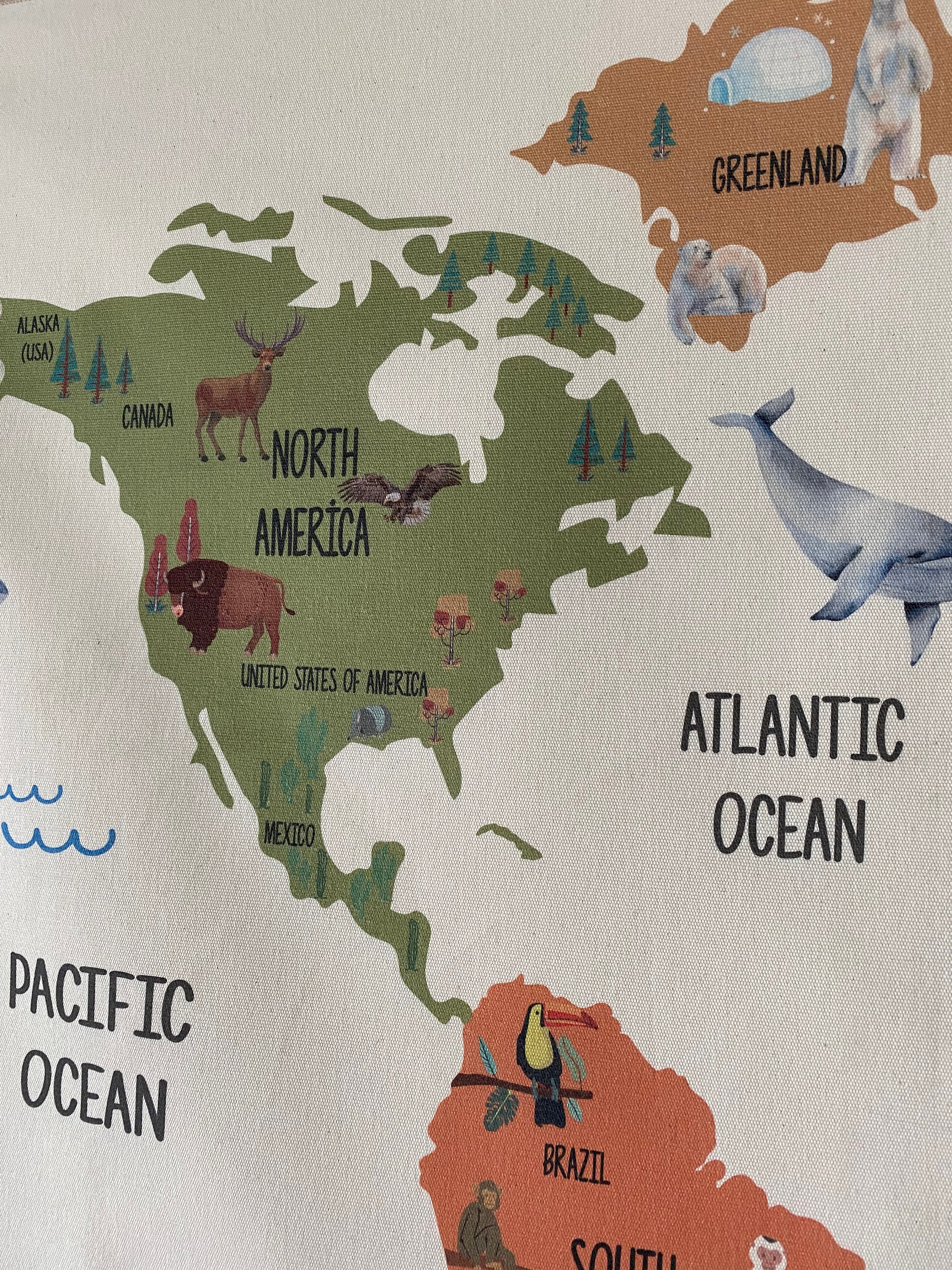 World Map Tapestry, Organic Cotton Fabric Tapestry, Kid Room Tapestry