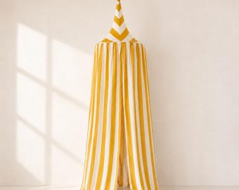 Yellow Striped Kids Canopy, Cotton Muslin Play Tent for Nursery and Reading Nook