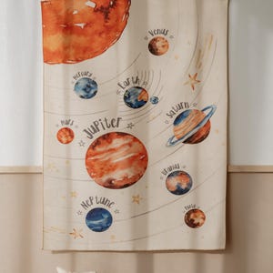 Wandtapijt zonnestelsel voor kinderen – planeetposter, decor Montessoriruimte, aquarel Galaxy Art, banner educatief kinderdagverblijf