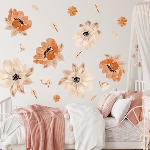 Large Neutral Floral Wall Decals – Peach Beige Watercolor Flowers for Baby Girl Nursery or Kids Room Decor – Removable Bloom Stickers