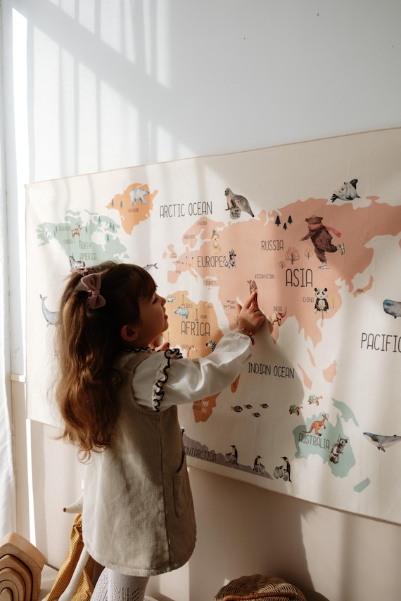 Animal World Map Tapestry: Pastel Nursery Decor, Montessori