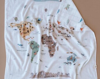 World Map Double-Sided Muslin Baby Blanket