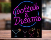 Cocktail and Dreams wall sign. retro vintage Man cave home bar beer garden sign neon
