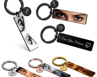 Personalized Eye Photo Keychain,Custom Double Sided Stainless Steel Couple Birthday Gift for Him Her, Boyfriend Husband Anniversary Keepsake
