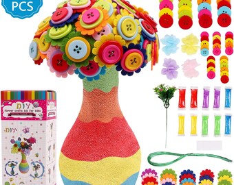 DIY Vase with Flowers Craft Kit for Kids, Make Your Own Flower Bouquet by Buttons and Fabric, Crafts and Art Set Gift for Girls Boys Age 4+