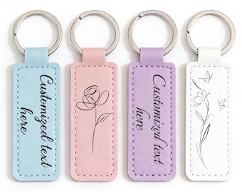 Personalized PU Leather Keychain Two Sided Laser Engraved Name Floral Pattern, Custom Birthday Anniversary Gift For Him Her Men Women