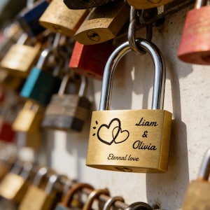 May include: A brass padlock with a silver shackle featuring an engraved design of two interlocking hearts, the names Liam & Olivia, and the text Eternal love, hanging among a collection of various other colorful metal padlocks.