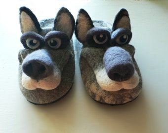 3D Slippers with a wolf.!00% wool  Handmade shoes, funny slippers