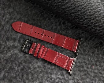 Bordeaux Alligator Läder För Apple Watch Klockarmband Storlek 18 mm-24 mm
