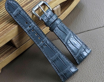 Curved Black Alligator Leather Watch Strap with Quick Release Size 18mm-24mm