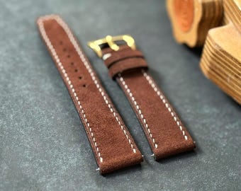 Hand-Stitched Brown Italian Suede Watch Strap, Custom Leather Band 18-24mm