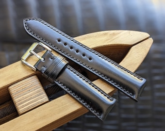 Handmade Black Shell Cordovan Watch Strap  Shinki Hakiku Leather Sizes 18mm-24mm