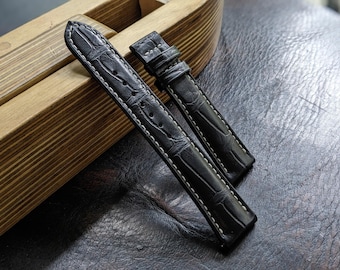 Handmade Black Alligator Leather Watch Strap Rolled Edge Curved Lug size 18mm-24mm