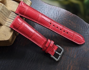 Handmade Red Alligator Leather Watch Strap Sizes 18mm-24mm