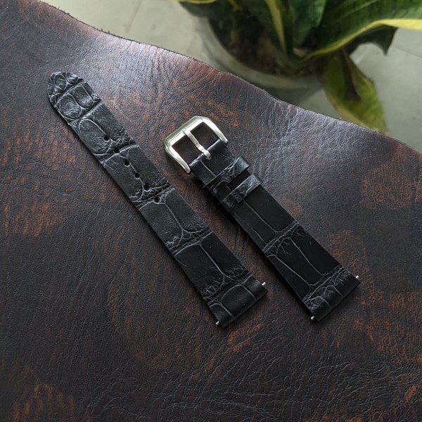 Cinturino per orologio in pelle di alligatore nero fatto a mano con sgancio rapido, misura 18 mm-24 mm