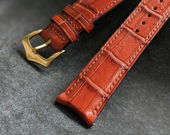 Cognac Alligator Leather Watch Strap Curved End Size 18mm-24mm