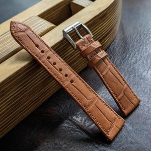 Rolled Edge Alligator Watch Strap Handmade Leather I Brown Color I Regular Lug Watch band.