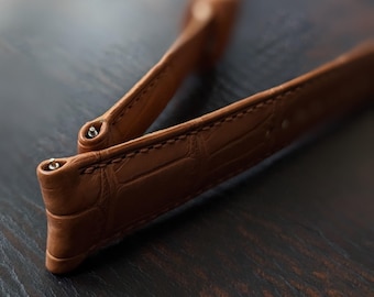 Alligator Watch Strap Curved Lug | Rolled Edge Handmade Leather Band 18mm 20mm 22mm 24mm | Watch Gift