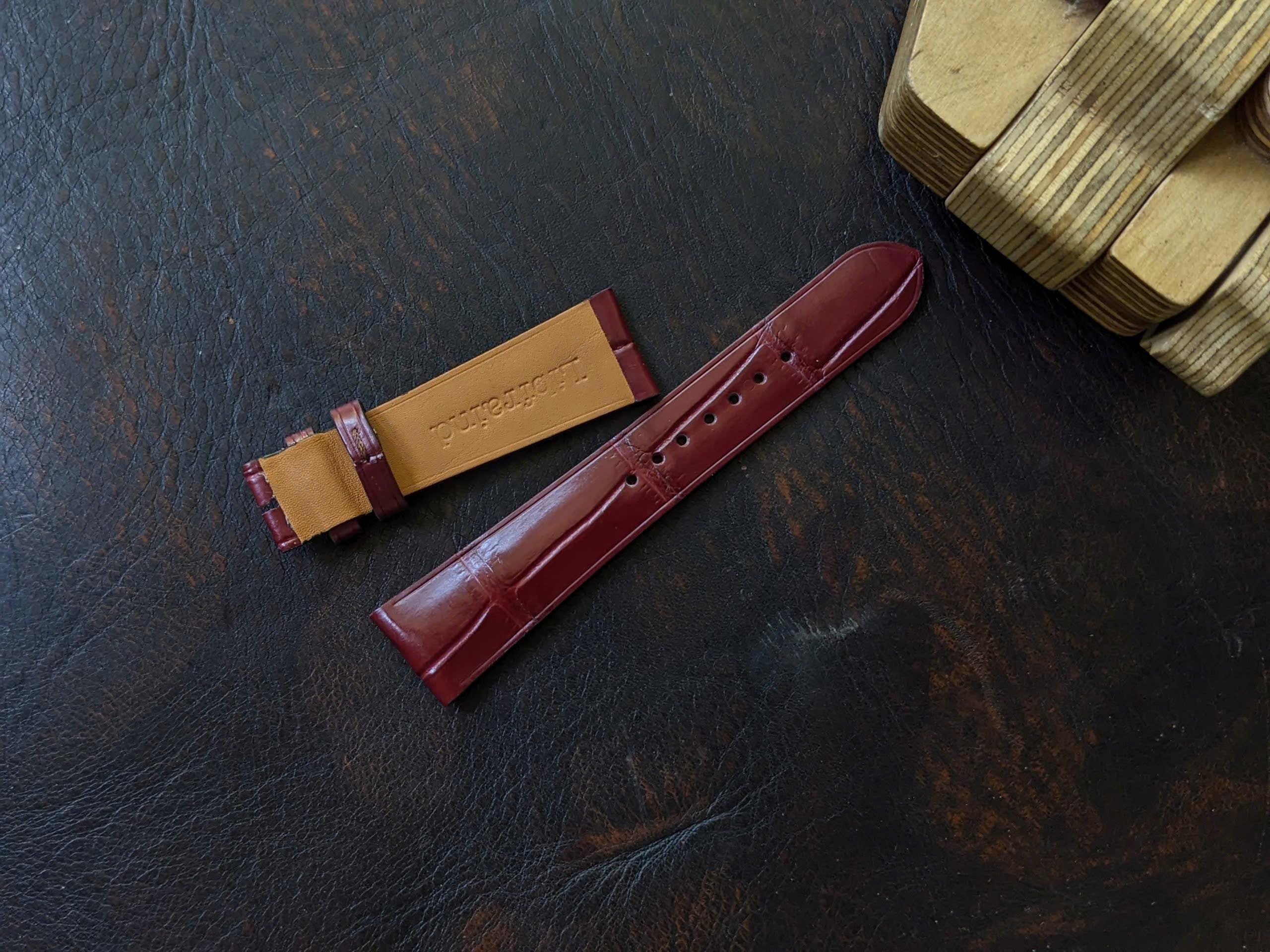 Handcrafted Alligator Leather Strap – Unisex Style - Bordeaux Color Custom made Bordeaux Alligator leather strap 20x16mm main image 4