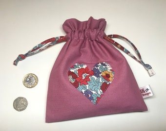 Dusky pink drawstring pouch with Liberty heart applique.  Size 6.5" x 5.5", lightweight 100% cotton, fully lined, handmade in the UK.