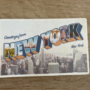 Vintage New Yorkse ansichtkaart/sticker- verzendbare ansichtkaart naar dierbaren uit de New York- Times Square-Central Park- Where I'm From-kaart