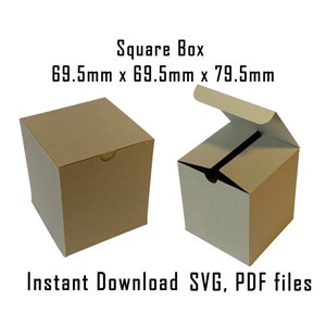 May include: A brown square box with a lid, measuring 69.5 mm x 69.5 mm x 79.5 mm. The box is shown closed and open, with the lid folded back. The text "Square Box" and "Instant Download SVG, PDF files" is visible below the image.