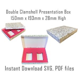 May include: A white clamshell presentation box with a floral pattern and gold accents. The box is open to reveal a pink foam insert with two cutouts. The box measures 150mm x 193mm x 28mm high. Instant Download SVG, PDF files.
