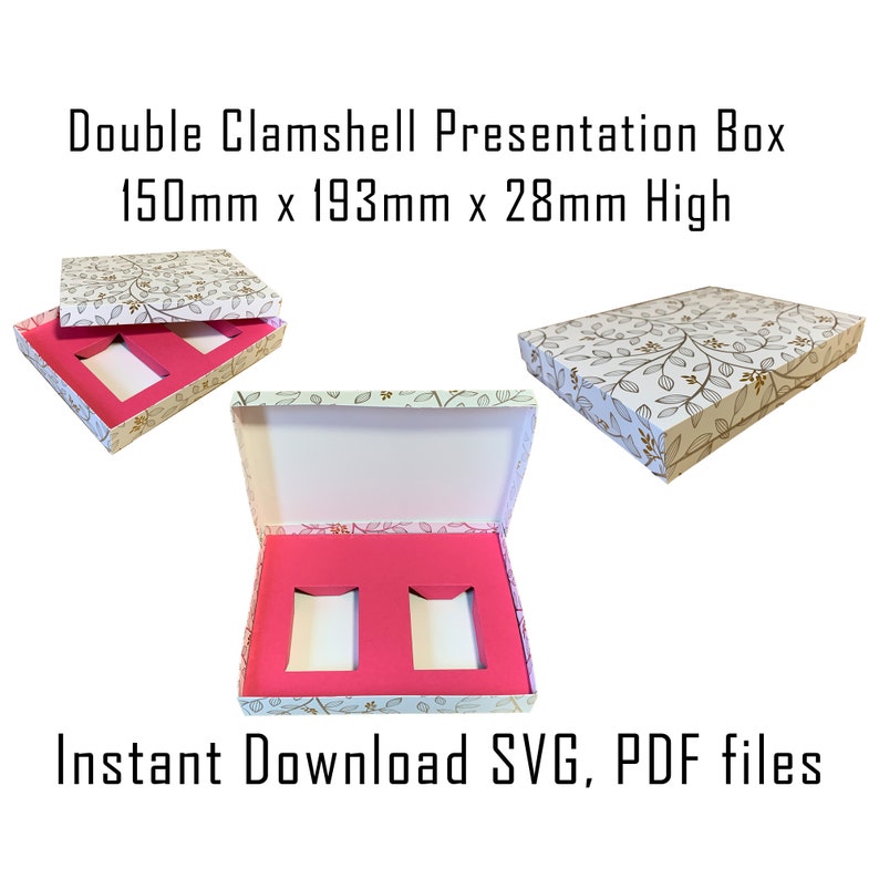 May include: A white clamshell presentation box with a floral pattern and gold accents. The box is open to reveal a pink foam insert with two cutouts. The box measures 150mm x 193mm x 28mm high. Instant Download SVG, PDF files.