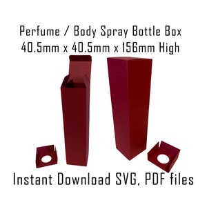 May include: A red cardboard box for a perfume or body spray bottle. The box is 40.5 mm x 40.5 mm x 156 mm high. The box is open and the inside is visible. The box is on a white background.  Instant Download SVG, PDF files.