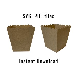 May include: Two brown paper boxes with scalloped edges. The boxes are empty and are shown from the front and side views. The text "SVG, PDF files" and "Instant Download" are printed below the boxes.