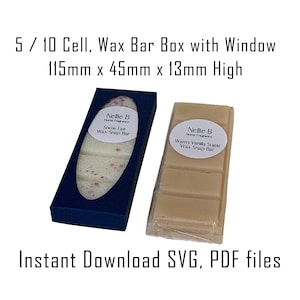 May include: Two wax melt snap bars in clear packaging. The bar on the left is white with pink and white glitter and says "Nellie B Home Fragrance Snow Fae Wax Snap Bar". The bar on the right is white and says "Nellie B Home Fragrance Warm Vanilla Sugar Wax Snap Bar". Both bars are in boxes with a clear window. The boxes are blue with a white oval around the window. The text "5/10 Cell, Wax Bar Box with Window 115mm x 45mm x 13mm High" is above the boxes. The text "Instant Download SVG, PDF files" is below the boxes.