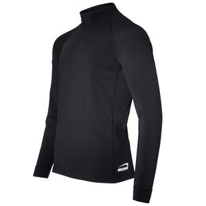 May include: A black long-sleeve mock neck shirt featuring raglan sleeves and a white logo on the lower left side that reads RECEN. The shirt is constructed with a smooth, solid black fabric and includes fitted cuffs at the end of each sleeve.