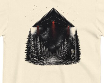 Grey Alien UFO Shirt, Paranormal Graphic Tee, Alien Abduction T-Shirt, Dark Sci-Fi Heavyweight Shirt, Mystery Forest Tee, UFO Believer Gift